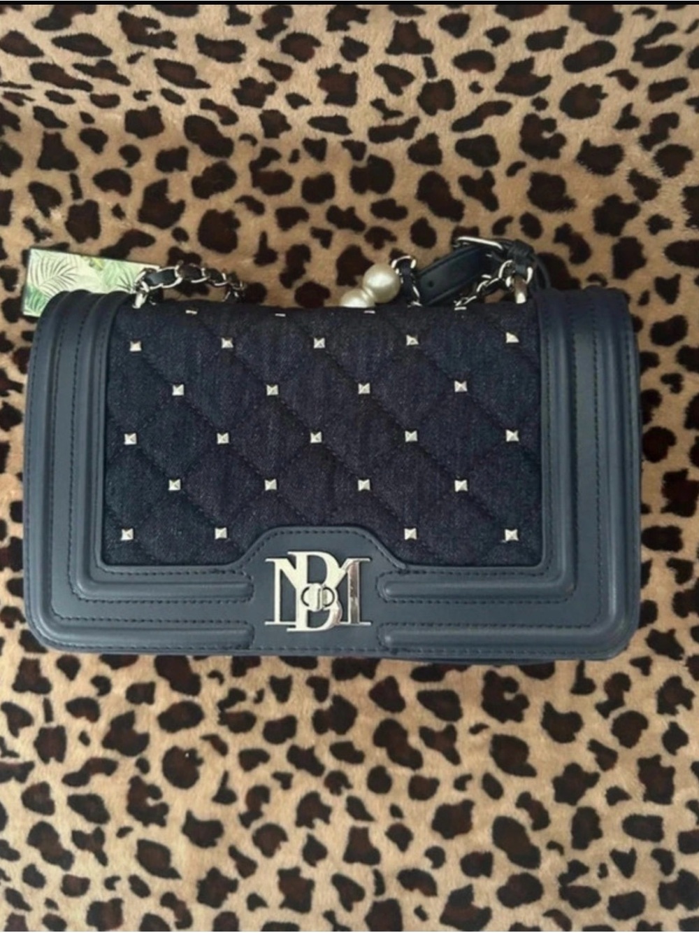 Badgley Mischka Navy Quilted Crossbody Bag with Pearl Chain